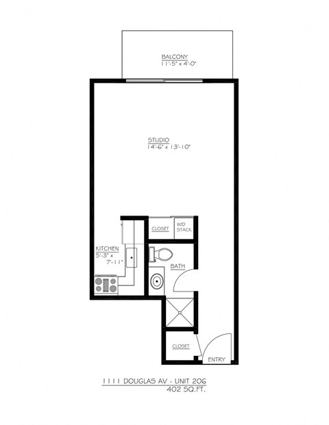 Floor plan for studio, 1 bath, 402 sqft